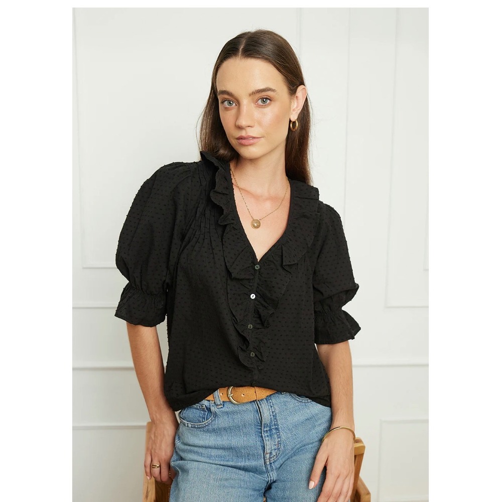 NWOT Paneros Chloe Swiss Dot Blouse Womens Large Black Ruffle V-Neck Puff Sleeve